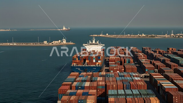 تعبئة وشحن الحاويات والبضائع التجارية وكوتينزات التخزين، ميناء ومرفأ تجاري لتوصيل السلع والمنتجات المحلية عبر السفن في البحار، نقل البضائع عن طريق البحر في المملكة العربية السعودية، التجارة والصناعة والاقتصاد البحري