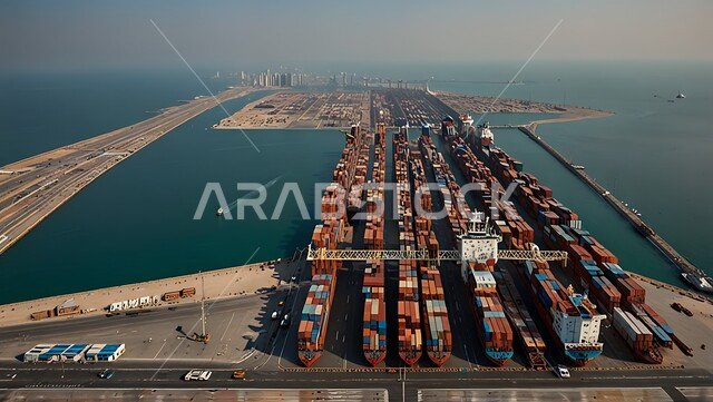 Packing and shipping of containers, commercial goods and storage containers, port and commercial port for delivering local goods and products via ships at sea, transporting goods by sea in the Kingdom of Saudi Arabia, trade, industry and maritime economy