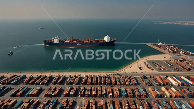 تعبئة وشحن الحاويات والبضائع التجارية وكوتينزات التخزين، ميناء ومرفأ تجاري لتوصيل السلع والمنتجات المحلية عبر السفن في البحار، نقل البضائع عن طريق البحر في المملكة العربية السعودية، التجارة والصناعة والاقتصاد البحري