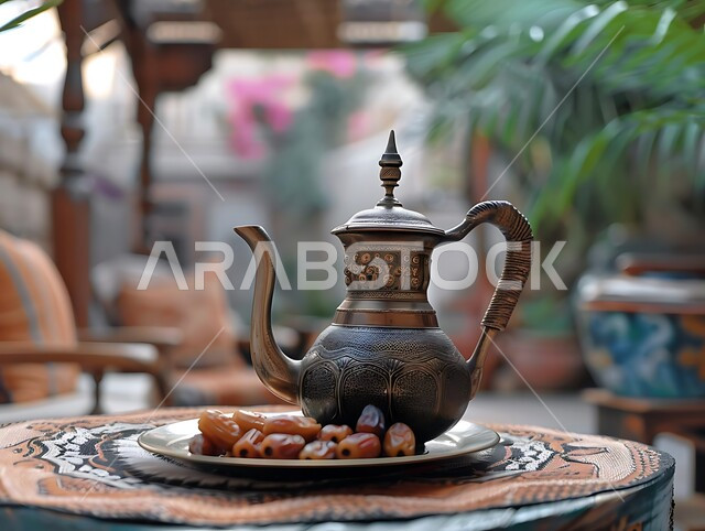 حسن الضيافه وكرم الاستقبال في المملكة العربية السعودية، الاستمتاع بالمشروبات الساخنة، صورة مقربة لابريق شاي ذهبي بزخارف ارابيسك التقليدية مع طبق مليء بالتمر، وجبة ذات قيمة غذائية عالية، المنتجات والمحاصيل المحلية الوطنية، فطور صحي ومفيد