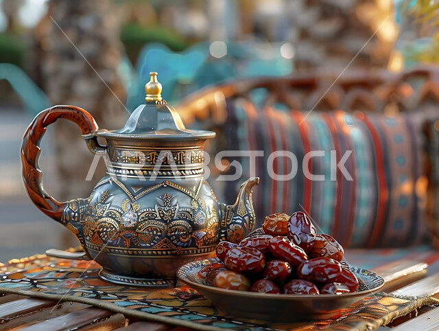 حسن الضيافه وكرم الاستقبال في المملكة العربية السعودية، الاستمتاع بالمشروبات الساخنة، صورة مقربة لابريق شاي ذهبي بزخارف ارابيسك التقليدية مع طبق مليء بالتمر، وجبة ذات قيمة غذائية عالية، المنتجات والمحاصيل المحلية الوطنية، فطور صحي ومفيد