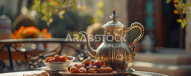 حسن الضيافه وكرم الاستقبال في المملكة العربية السعودية، الاستمتاع بالمشروبات الساخنة، صورة مقربة لابريق شاي ذهبي بزخارف ارابيسك التقليدية مع طبق مليء بالتمر، وجبة ذات قيمة غذائية عالية، المنتجات والمحاصيل المحلية الوطنية، فطور صحي ومفيد