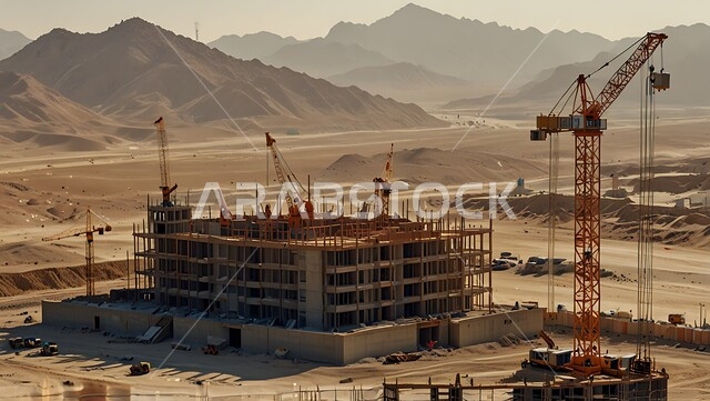اعمال البناء وصب الخرسانات ووضع الأساسات، موقع بناء مزدحم بالآلات والمعدات الثقيلة والرافعات والسقالات العالية, مبنى قيد الانشاء في المملكة العربية السعودية, مفهوم الهندسة الانشائية والمعمارية، تنفيذ مخطط الإعمار وتشكيل الهيكل المعدني