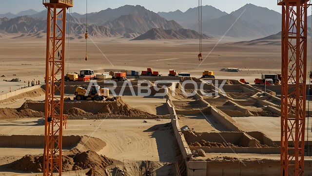 اعمال البناء وصب الخرسانات ووضع الأساسات، موقع بناء مزدحم بالآلات والمعدات الثقيلة والرافعات والسقالات العالية, مبنى قيد الانشاء في المملكة العربية السعودية, مفهوم الهندسة الانشائية والمعمارية، تنفيذ مخطط الإعمار وتشكيل الهيكل المعدني