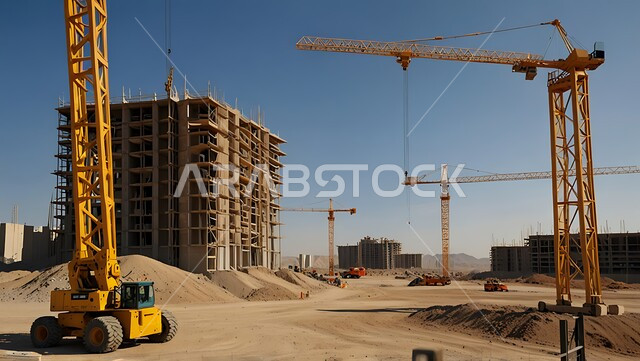 اعمال البناء وصب الخرسانات ووضع الأساسات، موقع بناء مزدحم بالآلات والمعدات الثقيلة والرافعات والسقالات العالية, مبنى قيد الانشاء في المملكة العربية السعودية, مفهوم الهندسة الانشائية والمعمارية، تنفيذ مخطط الإعمار وتشكيل الهيكل المعدني