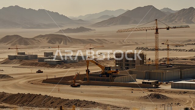 اعمال البناء وصب الخرسانات ووضع الأساسات، موقع بناء مزدحم بالآلات والمعدات الثقيلة والرافعات والسقالات العالية, مبنى قيد الانشاء في المملكة العربية السعودية, مفهوم الهندسة الانشائية والمعمارية، تنفيذ مخطط الإعمار وتشكيل الهيكل المعدني