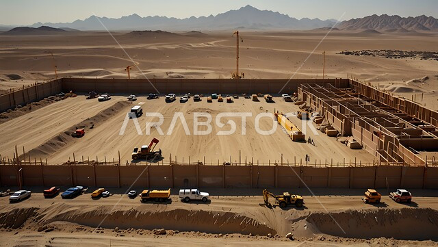 اعمال البناء وصب الخرسانات ووضع الأساسات، موقع بناء مزدحم بالآلات والمعدات الثقيلة والرافعات والسقالات العالية, مبنى قيد الانشاء في المملكة العربية السعودية, مفهوم الهندسة الانشائية والمعمارية، تنفيذ مخطط الإعمار وتشكيل الهيكل المعدني