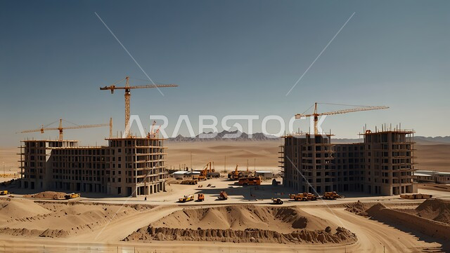 اعمال البناء وصب الخرسانات ووضع الأساسات، موقع بناء مزدحم بالآلات والمعدات الثقيلة والرافعات والسقالات العالية, مبنى قيد الانشاء في المملكة العربية السعودية, مفهوم الهندسة الانشائية والمعمارية، تنفيذ مخطط الإعمار وتشكيل الهيكل المعدني
