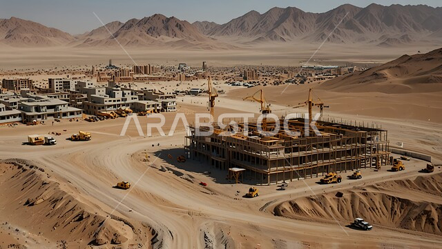 Construction work, pouring concrete and laying foundations, a construction site crowded with machinery, heavy equipment, cranes and high scaffolding, a building under construction in the Kingdom of Saudi Arabia, the concept of structural and architectural engineering, implementing the reconstruction plan and forming the metal structure