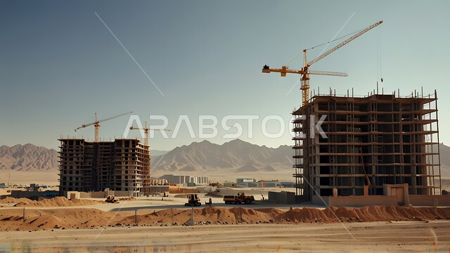 موقع بناء مزدحم بالآلات والمعدات الثقيلة والرافعات والسقالات العالية, اعمال البناء وصب الخرسانات ووضع الأساسات، مبنى قيد الانشاء في المملكة العربية السعودية, مفهوم الهندسة الانشائية والمعمارية، تنفيذ مخطط الإعمار وتشكيل الهيكل المعدني