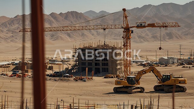 موقع بناء مزدحم بالآلات والمعدات الثقيلة والرافعات والسقالات العالية, اعمال البناء وصب الخرسانات ووضع الأساسات، مبنى قيد الانشاء في المملكة العربية السعودية, مفهوم الهندسة الانشائية والمعمارية، تنفيذ مخطط الإعمار وتشكيل الهيكل المعدني