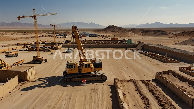 موقع بناء مزدحم بالآلات والمعدات الثقيلة والرافعات والسقالات العالية, اعمال البناء وصب الخرسانات ووضع الأساسات، مبنى قيد الانشاء في المملكة العربية السعودية, مفهوم الهندسة الانشائية والمعمارية، تنفيذ مخطط الإعمار وتشكيل الهيكل المعدني