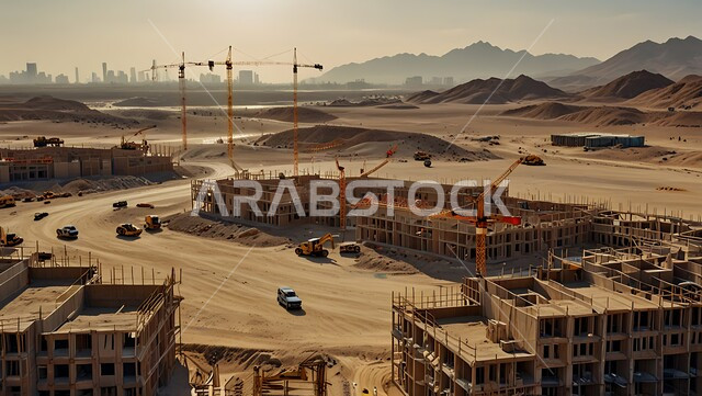 موقع بناء مزدحم بالآلات والمعدات الثقيلة والرافعات والسقالات العالية, اعمال البناء وصب الخرسانات ووضع الأساسات، مبنى قيد الانشاء في المملكة العربية السعودية, مفهوم الهندسة الانشائية والمعمارية، تنفيذ مخطط الإعمار وتشكيل الهيكل المعدني