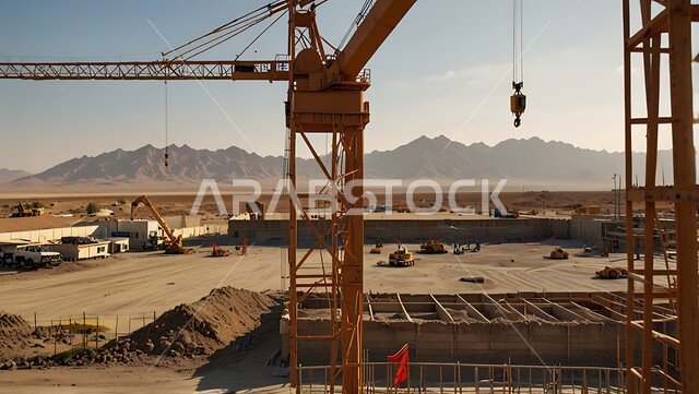 موقع بناء مزدحم بالآلات والمعدات الثقيلة والرافعات والسقالات العالية, اعمال البناء وصب الخرسانات ووضع الأساسات، مبنى قيد الانشاء في المملكة العربية السعودية, مفهوم الهندسة الانشائية والمعمارية، تنفيذ مخطط الإعمار وتشكيل الهيكل المعدني