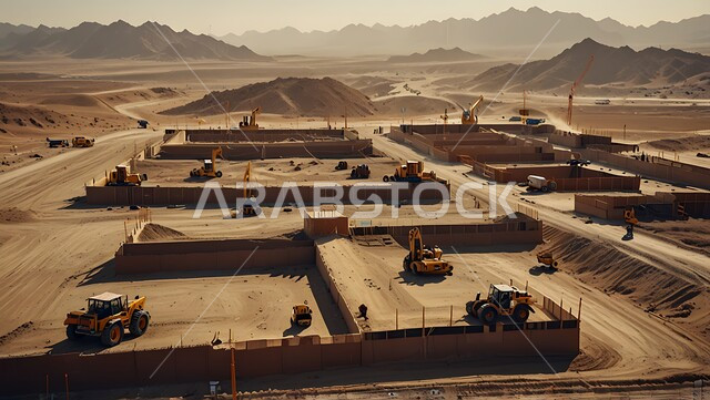 موقع بناء مزدحم بالآلات والمعدات الثقيلة والرافعات والسقالات العالية, اعمال البناء وصب الخرسانات ووضع الأساسات، مبنى قيد الانشاء في المملكة العربية السعودية, مفهوم الهندسة الانشائية والمعمارية، تنفيذ مخطط الإعمار وتشكيل الهيكل المعدني