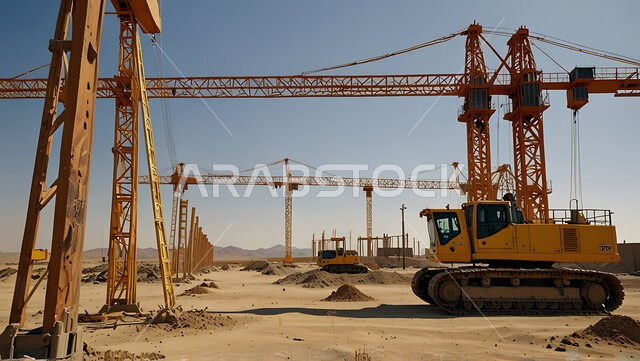 موقع بناء مزدحم بالآلات والمعدات الثقيلة والرافعات والسقالات العالية, اعمال البناء وصب الخرسانات ووضع الأساسات، مبنى قيد الانشاء في المملكة العربية السعودية, مفهوم الهندسة الانشائية والمعمارية، تنفيذ مخطط الإعمار وتشكيل الهيكل المعدني