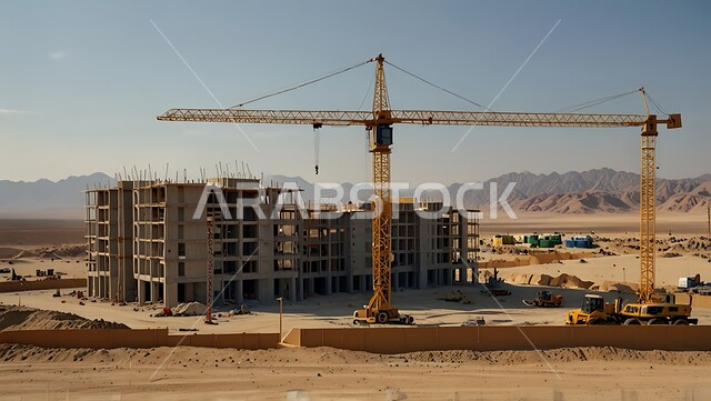 مبنى قيد الانشاء في المملكة العربية السعودية, موقع بناء مزدحم بالآلات والمعدات الثقيلة والرافعات والسقالات العالية, اعمال البناء وصب الخرسانات ووضع الأساسات، مفهوم الهندسة الانشائية والمعمارية، تنفيذ مخطط الإعمار وتشكيل الهيكل المعدني