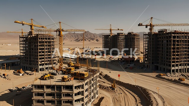 مبنى قيد الانشاء في المملكة العربية السعودية, موقع بناء مزدحم بالآلات والمعدات الثقيلة والرافعات والسقالات العالية, اعمال البناء وصب الخرسانات ووضع الأساسات، مفهوم الهندسة الانشائية والمعمارية، تنفيذ مخطط الإعمار وتشكيل الهيكل المعدني