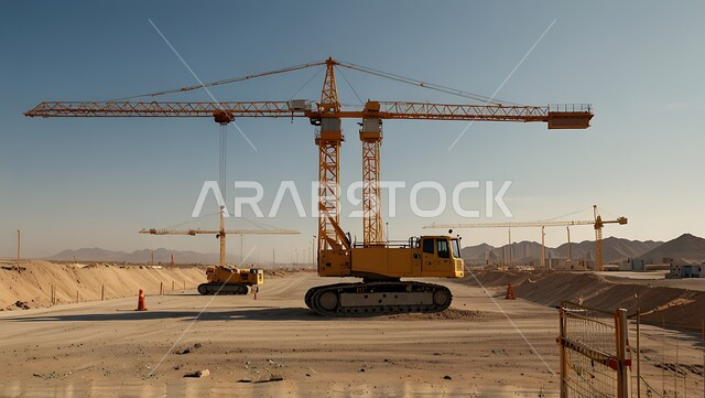 A building under construction in the Kingdom of Saudi Arabia, a construction site crowded with machinery, heavy equipment, cranes and high scaffolding, construction work, pouring concrete and laying foundations, the concept of structural and architectural engineering, implementing the reconstruction plan and forming the metal structure