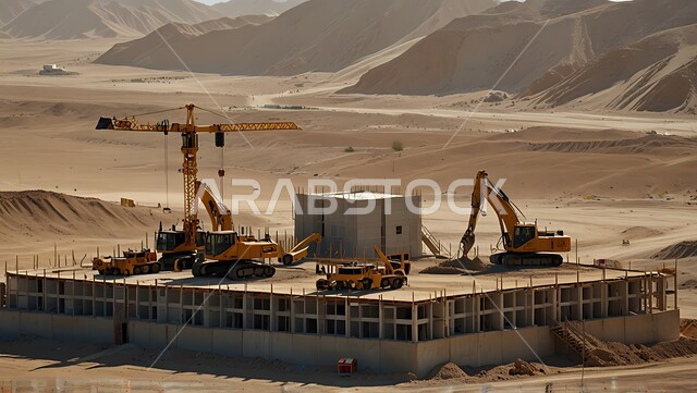 مبنى قيد الانشاء في المملكة العربية السعودية, موقع بناء مزدحم بالآلات والمعدات الثقيلة والرافعات والسقالات العالية, اعمال البناء وصب الخرسانات ووضع الأساسات، مفهوم الهندسة الانشائية والمعمارية، تنفيذ مخطط الإعمار وتشكيل الهيكل المعدني