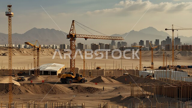 مبنى قيد الانشاء في المملكة العربية السعودية, موقع بناء مزدحم بالآلات والمعدات الثقيلة والرافعات والسقالات العالية, اعمال البناء وصب الخرسانات ووضع الأساسات، مفهوم الهندسة الانشائية والمعمارية، تنفيذ مخطط الإعمار وتشكيل الهيكل المعدني