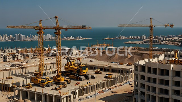 Structural and architectural engineering concept, a building under construction in the Kingdom of Saudi Arabia, a construction site crowded with machinery, heavy equipment, cranes and high scaffolding, construction work, pouring concrete and laying foundations, implementing the reconstruction plan and forming the metal structure