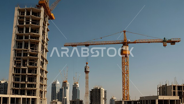 Structural and architectural engineering concept, a building under construction in the Kingdom of Saudi Arabia, a construction site crowded with machinery, heavy equipment, cranes and high scaffolding, construction work, pouring concrete and laying foundations, implementing the reconstruction plan and forming the metal structure