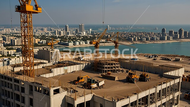 Structural and architectural engineering concept, a building under construction in the Kingdom of Saudi Arabia, a construction site crowded with machinery, heavy equipment, cranes and high scaffolding, construction work, pouring concrete and laying foundations, implementing the reconstruction plan and forming the metal structure