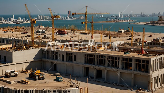 مفهوم الهندسة الانشائية والمعمارية، مبنى قيد الانشاء في المملكة العربية السعودية, موقع بناء مزدحم بالآلات والمعدات الثقيلة والرافعات والسقالات العالية, اعمال البناء وصب الخرسانات ووضع الأساسات، تنفيذ مخطط الإعمار وتشكيل الهيكل المعدني