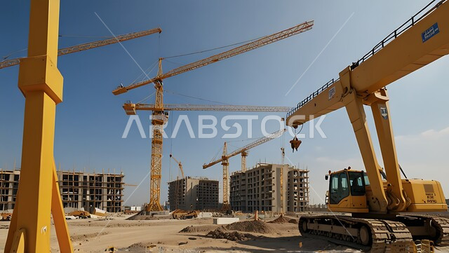 Structural and architectural engineering concept, a building under construction in the Kingdom of Saudi Arabia, a construction site crowded with machinery, heavy equipment, cranes and high scaffolding, construction work, pouring concrete and laying foundations, implementing the reconstruction plan and forming the metal structure