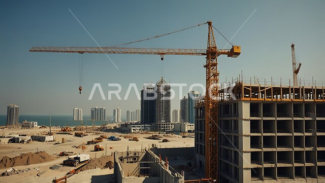 مفهوم الهندسة الانشائية والمعمارية، مبنى قيد الانشاء في المملكة العربية السعودية, موقع بناء مزدحم بالآلات والمعدات الثقيلة والرافعات والسقالات العالية, اعمال البناء وصب الخرسانات ووضع الأساسات، تنفيذ مخطط الإعمار وتشكيل الهيكل المعدني