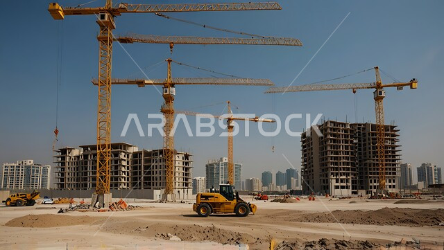 مفهوم الهندسة الانشائية والمعمارية، مبنى قيد الانشاء في المملكة العربية السعودية, موقع بناء مزدحم بالآلات والمعدات الثقيلة والرافعات والسقالات العالية, اعمال البناء وصب الخرسانات ووضع الأساسات، تنفيذ مخطط الإعمار وتشكيل الهيكل المعدني