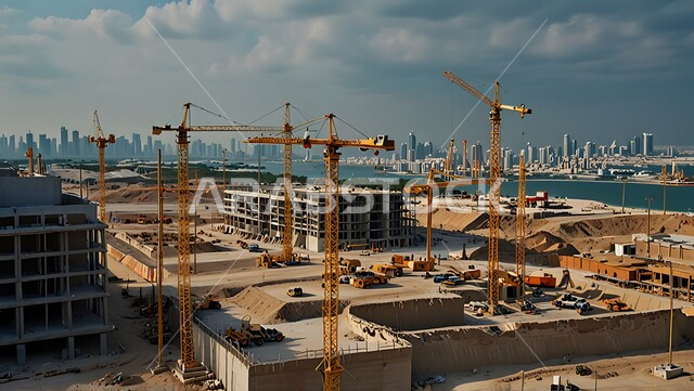 Structural and architectural engineering concept, a building under construction in the Kingdom of Saudi Arabia, a construction site crowded with machinery, heavy equipment, cranes and high scaffolding, construction work, pouring concrete and laying foundations, implementing the reconstruction plan and forming the metal structure