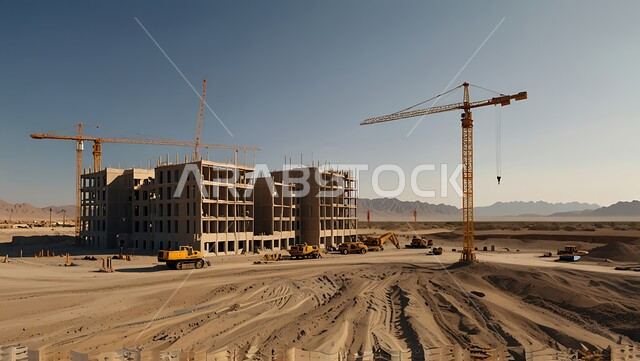 تنفيذ مخطط الإعمار وتشكيل الهيكل المعدني, مفهوم الهندسة الانشائية والمعمارية، مبنى قيد الانشاء في المملكة العربية السعودية, موقع بناء مزدحم بالآلات والمعدات الثقيلة والرافعات والسقالات العالية, اعمال البناء وصب الخرسانات ووضع الأساسات