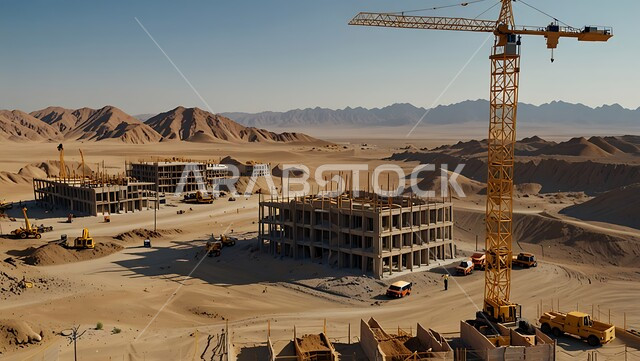 تنفيذ مخطط الإعمار وتشكيل الهيكل المعدني, مفهوم الهندسة الانشائية والمعمارية، مبنى قيد الانشاء في المملكة العربية السعودية, موقع بناء مزدحم بالآلات والمعدات الثقيلة والرافعات والسقالات العالية, اعمال البناء وصب الخرسانات ووضع الأساسات