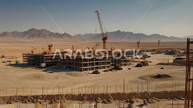 Implementing the reconstruction plan and forming the metal structure, the concept of structural and architectural engineering, a building under construction in the Kingdom of Saudi Arabia, a construction site crowded with machinery, heavy equipment, cranes and high scaffolding, construction work, pouring concrete and laying foundations