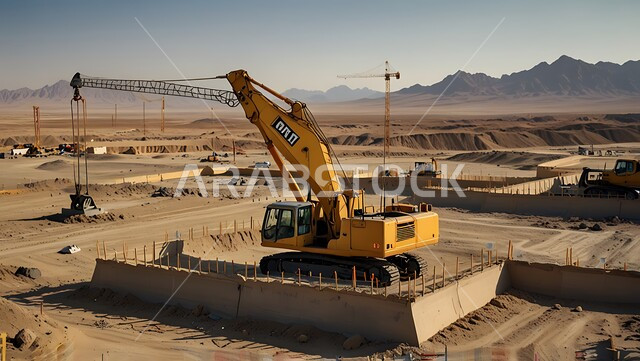 Implementing the reconstruction plan and forming the metal structure, the concept of structural and architectural engineering, a building under construction in the Kingdom of Saudi Arabia, a construction site crowded with machinery, heavy equipment, cranes and high scaffolding, construction work, pouring concrete and laying foundations