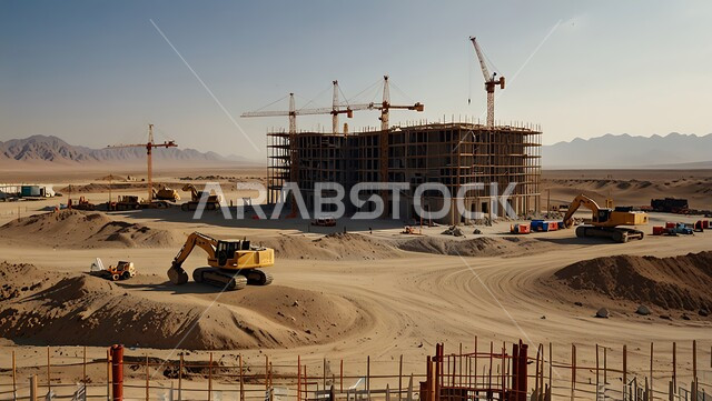 Implementing the reconstruction plan and forming the metal structure, the concept of structural and architectural engineering, a building under construction in the Kingdom of Saudi Arabia, a construction site crowded with machinery, heavy equipment, cranes and high scaffolding, construction work, pouring concrete and laying foundations