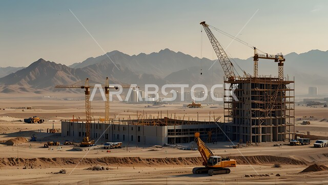 Implementing the reconstruction plan and forming the metal structure, the concept of structural and architectural engineering, a building under construction in the Kingdom of Saudi Arabia, a construction site crowded with machinery, heavy equipment, cranes and high scaffolding, construction work, pouring concrete and laying foundations