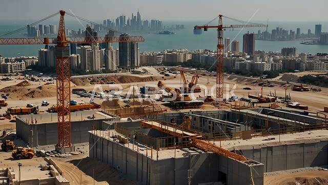 تنفيذ مخطط الإعمار وتشكيل الهيكل المعدني, مفهوم الهندسة الانشائية والمعمارية، مبنى قيد الانشاء في المملكة العربية السعودية, موقع بناء مزدحم بالآلات والمعدات الثقيلة والرافعات والسقالات العالية, اعمال البناء وصب الخرسانات ووضع الأساسات