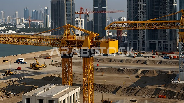 Implementing the reconstruction plan and forming the metal structure, the concept of structural and architectural engineering, a building under construction in the Kingdom of Saudi Arabia, a construction site crowded with machinery, heavy equipment, cranes and high scaffolding, construction work, pouring concrete and laying foundations