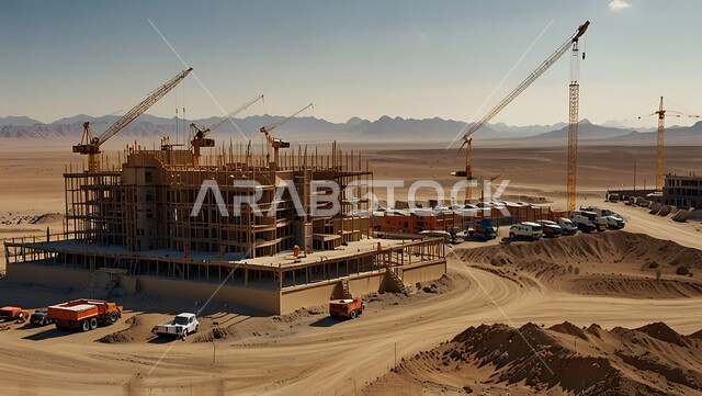 اعمال البناء وصب الخرسانات ووضع الأساسات, تنفيذ مخطط الإعمار وتشكيل الهيكل المعدني, مفهوم الهندسة الانشائية والمعمارية، مبنى قيد الانشاء في المملكة العربية السعودية, موقع بناء مزدحم بالآلات والمعدات الثقيلة والرافعات والسقالات العالية