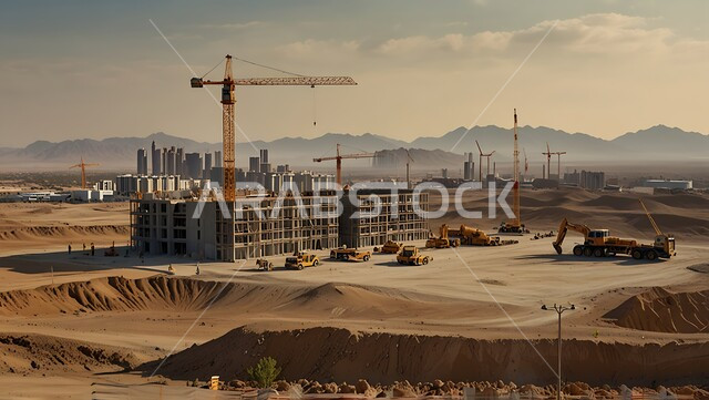 اعمال البناء وصب الخرسانات ووضع الأساسات, تنفيذ مخطط الإعمار وتشكيل الهيكل المعدني, مفهوم الهندسة الانشائية والمعمارية، مبنى قيد الانشاء في المملكة العربية السعودية, موقع بناء مزدحم بالآلات والمعدات الثقيلة والرافعات والسقالات العالية