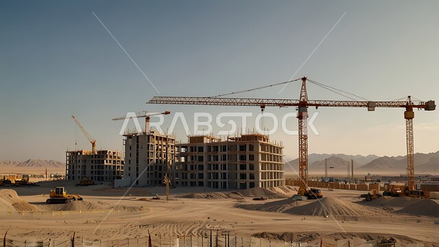 اعمال البناء وصب الخرسانات ووضع الأساسات, تنفيذ مخطط الإعمار وتشكيل الهيكل المعدني, مفهوم الهندسة الانشائية والمعمارية، مبنى قيد الانشاء في المملكة العربية السعودية, موقع بناء مزدحم بالآلات والمعدات الثقيلة والرافعات والسقالات العالية