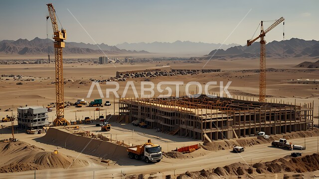 اعمال البناء وصب الخرسانات ووضع الأساسات, تنفيذ مخطط الإعمار وتشكيل الهيكل المعدني, مفهوم الهندسة الانشائية والمعمارية، مبنى قيد الانشاء في المملكة العربية السعودية, موقع بناء مزدحم بالآلات والمعدات الثقيلة والرافعات والسقالات العالية