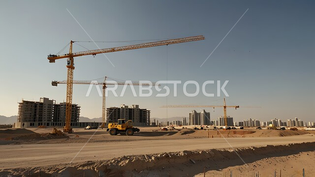 Construction work, pouring concrete and laying foundations, implementing the reconstruction plan and forming the metal structure, the concept of structural and architectural engineering, a building under construction in the Kingdom of Saudi Arabia, a construction site crowded with machinery, heavy equipment, cranes and high scaffolding.