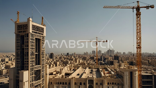 اعمال البناء وصب الخرسانات ووضع الأساسات, تنفيذ مخطط الإعمار وتشكيل الهيكل المعدني, مفهوم الهندسة الانشائية والمعمارية، مبنى قيد الانشاء في المملكة العربية السعودية, موقع بناء مزدحم بالآلات والمعدات الثقيلة والرافعات والسقالات العالية