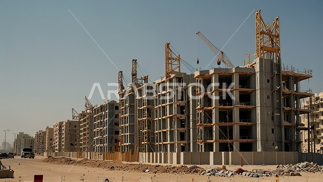 Construction work, pouring concrete and laying foundations, implementing the reconstruction plan and forming the metal structure, the concept of structural and architectural engineering, a building under construction in the Kingdom of Saudi Arabia, a construction site crowded with machinery, heavy equipment, cranes and high scaffolding.