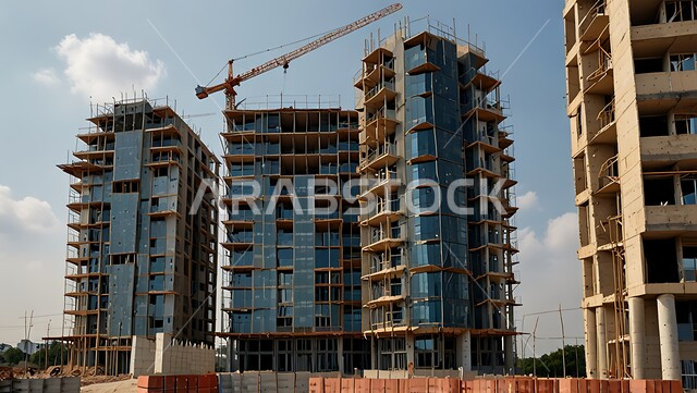 اعمال البناء وصب الخرسانات ووضع الأساسات, تنفيذ مخطط الإعمار وتشكيل الهيكل المعدني, مفهوم الهندسة الانشائية والمعمارية، مبنى قيد الانشاء في المملكة العربية السعودية, موقع بناء مزدحم بالآلات والمعدات الثقيلة والرافعات والسقالات العالية