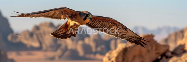 طائر الصقر يحلق في إحدى المحميات الطبيعية، رمز القوة والتحدي وحدة البصر، إقامة نادي الصقور في موسم الصيد السنوي في المملكة العربية السعودية، الفخر بالتراث السعودي العريق في تدريب وترويض الطيور الجارحة والمفترسة